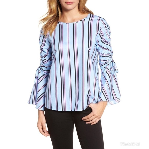 Halogen Ruched Sleeve Magenta Striped Top Small - Picture 1 of 7